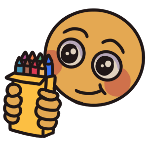 a face with wide, lit up eyes, smiling while holding up a yellow box of crayons.